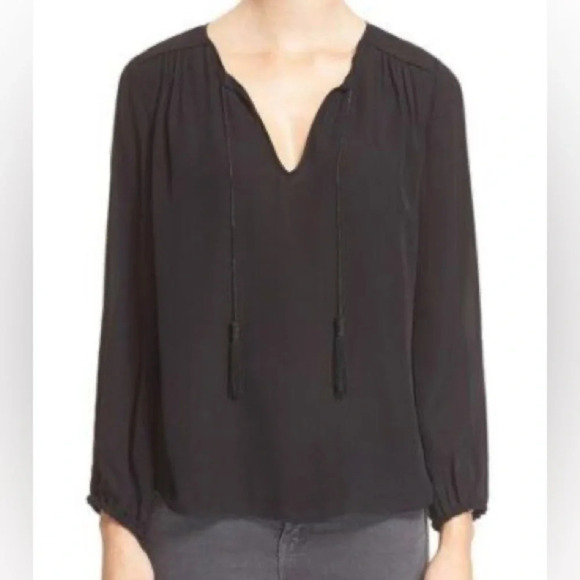 Joie • Black Long Sleeve Split V Tie Neck 100% Silk Odelette Blouse - Picture 3 of 7